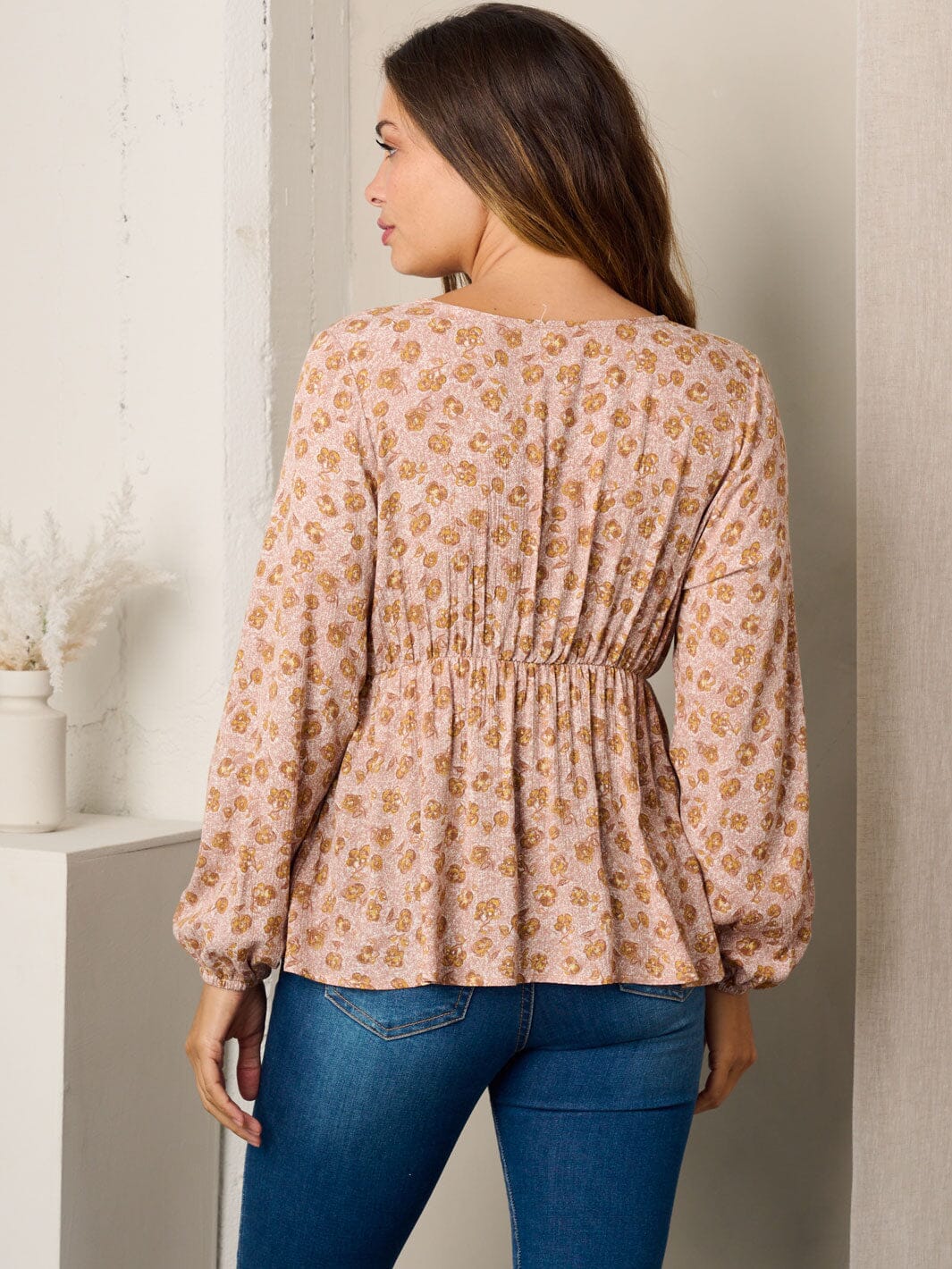 WOMEN'S LONG SLEEVE SURPLICE FLORAL BLOUSE TOP