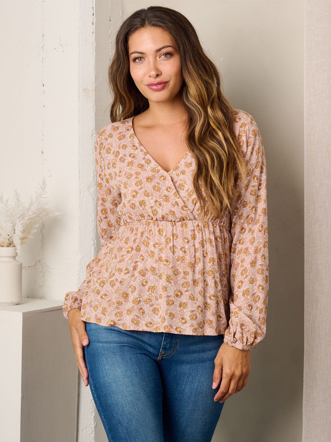 WOMEN'S LONG SLEEVE SURPLICE FLORAL BLOUSE TOP