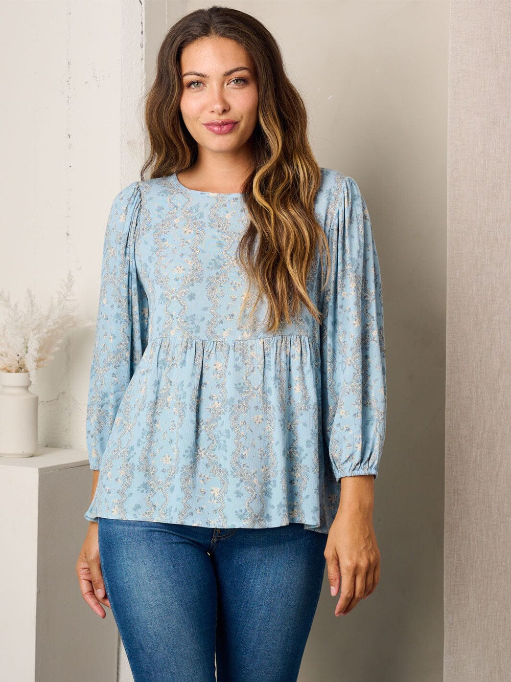WOMEN'S 3/4 SLEEVELESS TUNIC FLORAL PRINT TOP