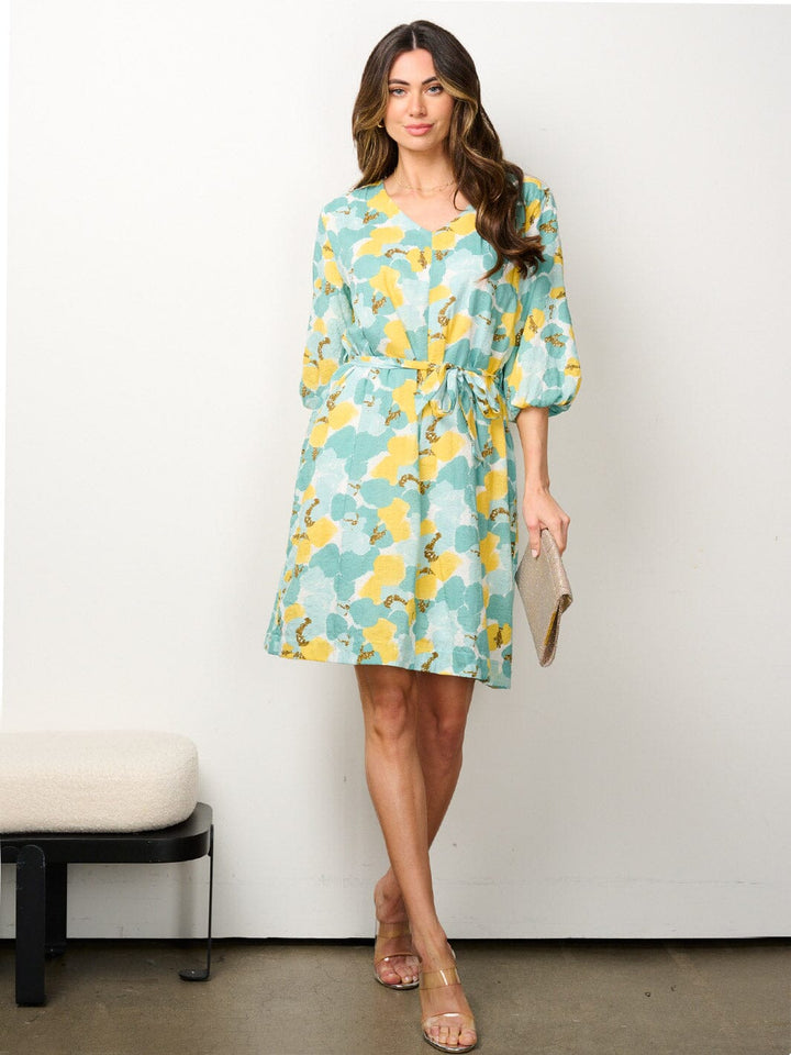 WOMEN'S SHORT SLEEVE V-NECK SELF TIE MULTI PRINT MINI DRESS