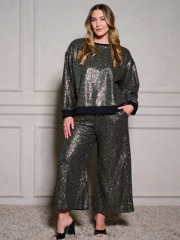 PLUS SIZE ELASTIC WAIST POCKETS SEQUINS WIDE LEG PANTS
