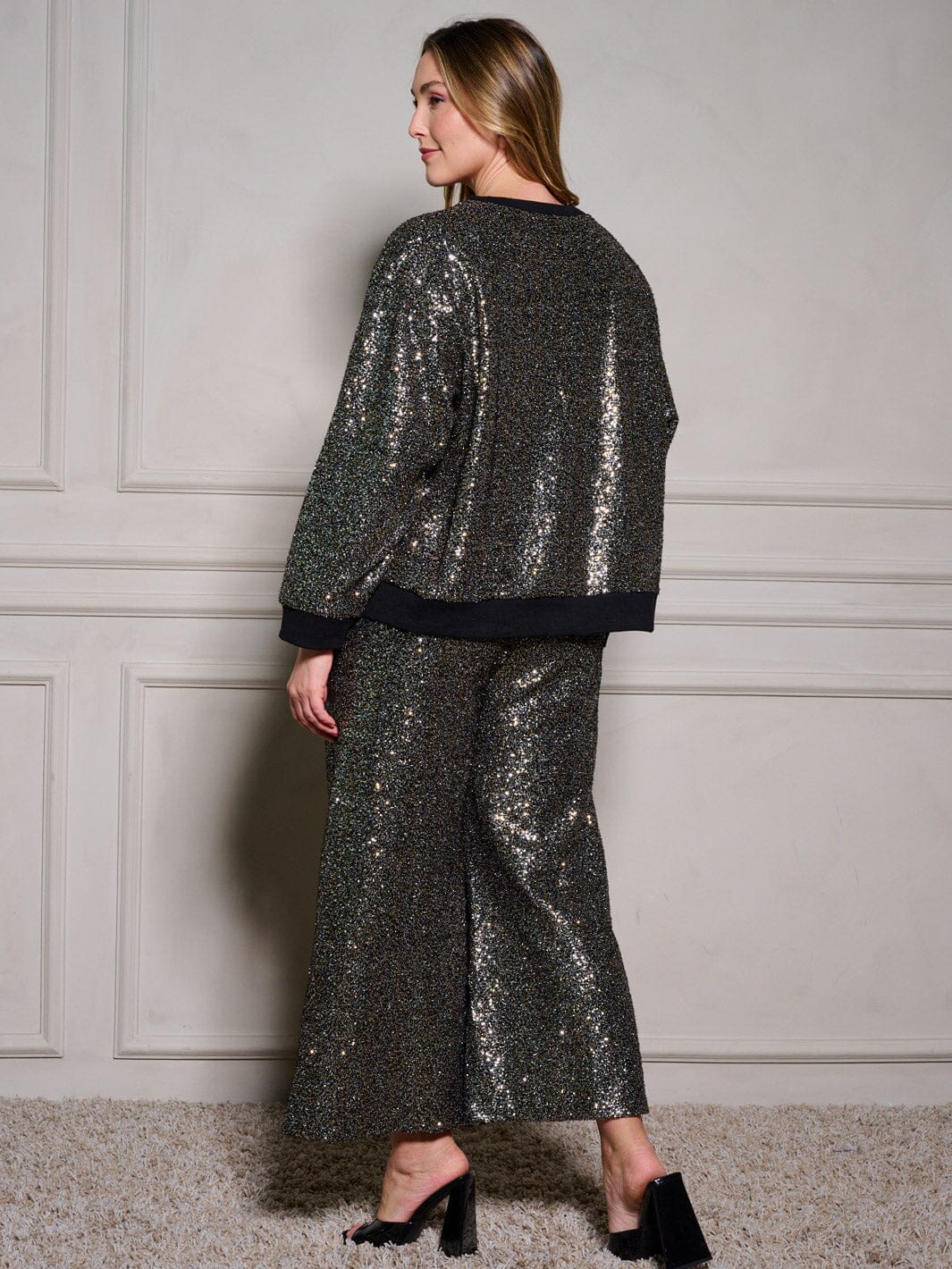 PLUS SIZE ELASTIC WAIST POCKETS SEQUINS WIDE LEG PANTS