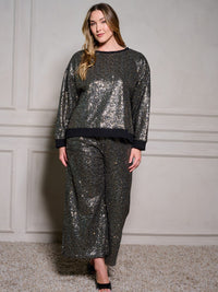 PLUS SIZE ELASTIC WAIST POCKETS SEQUINS WIDE LEG PANTS