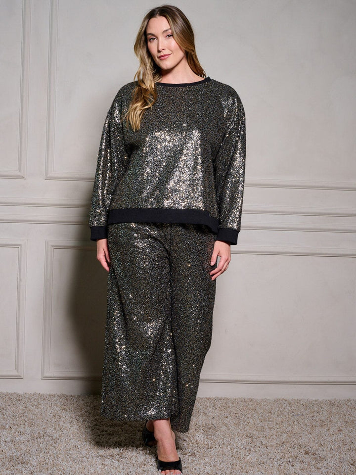 PLUS SIZE ELASTIC WAIST POCKETS SEQUINS WIDE LEG PANTS