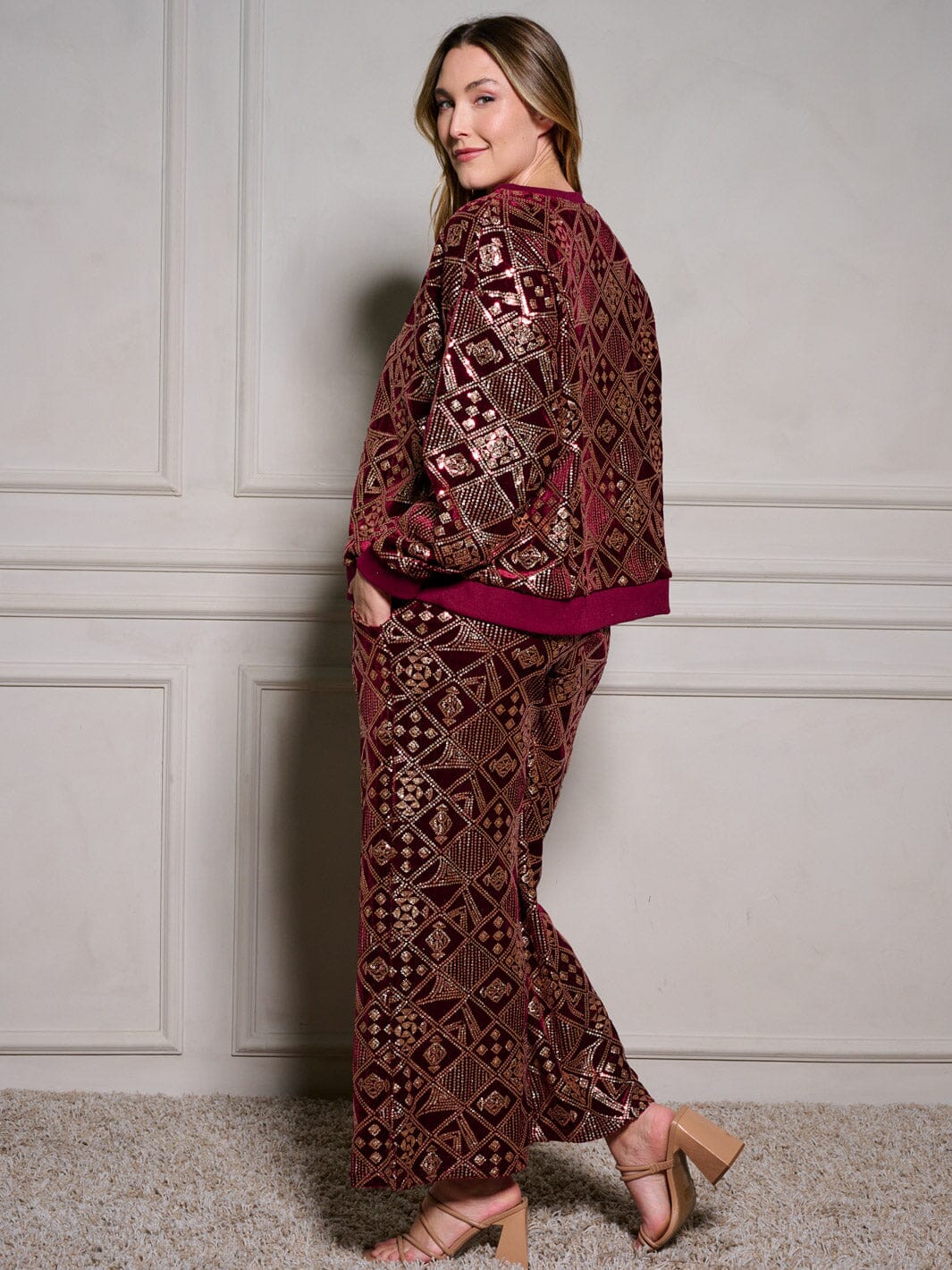 PLUS SIZE ELASTIC WAIST POCKETS SEQUINS WIDE LEG PANTS