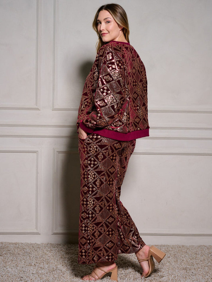 PLUS SIZE ELASTIC WAIST POCKETS SEQUINS WIDE LEG PANTS