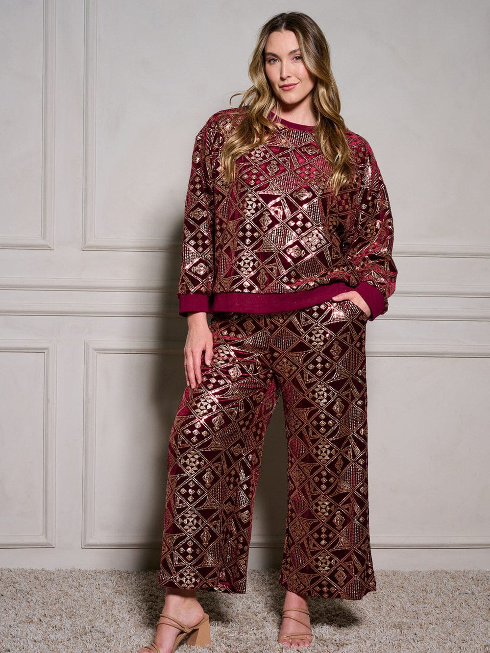 PLUS SIZE ELASTIC WAIST POCKETS SEQUINS WIDE LEG PANTS