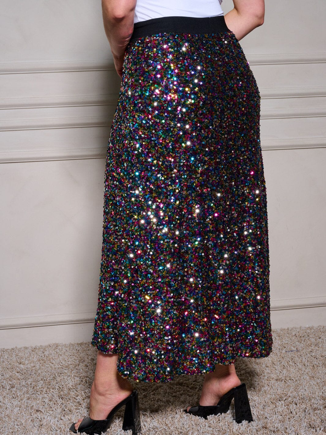 PLUS SIZE ELASTIC WAIST SEQUINS MAXI SKIRT