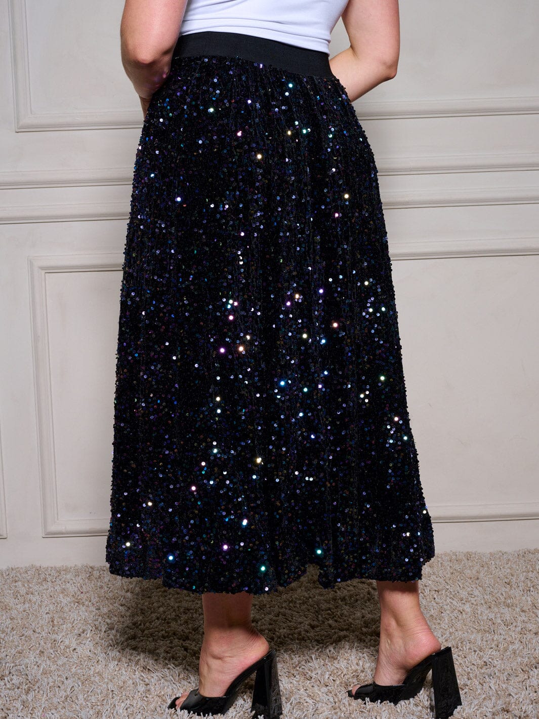 PLUS SIZE ELASTIC WAIST SEQUINS MAXI SKIRT