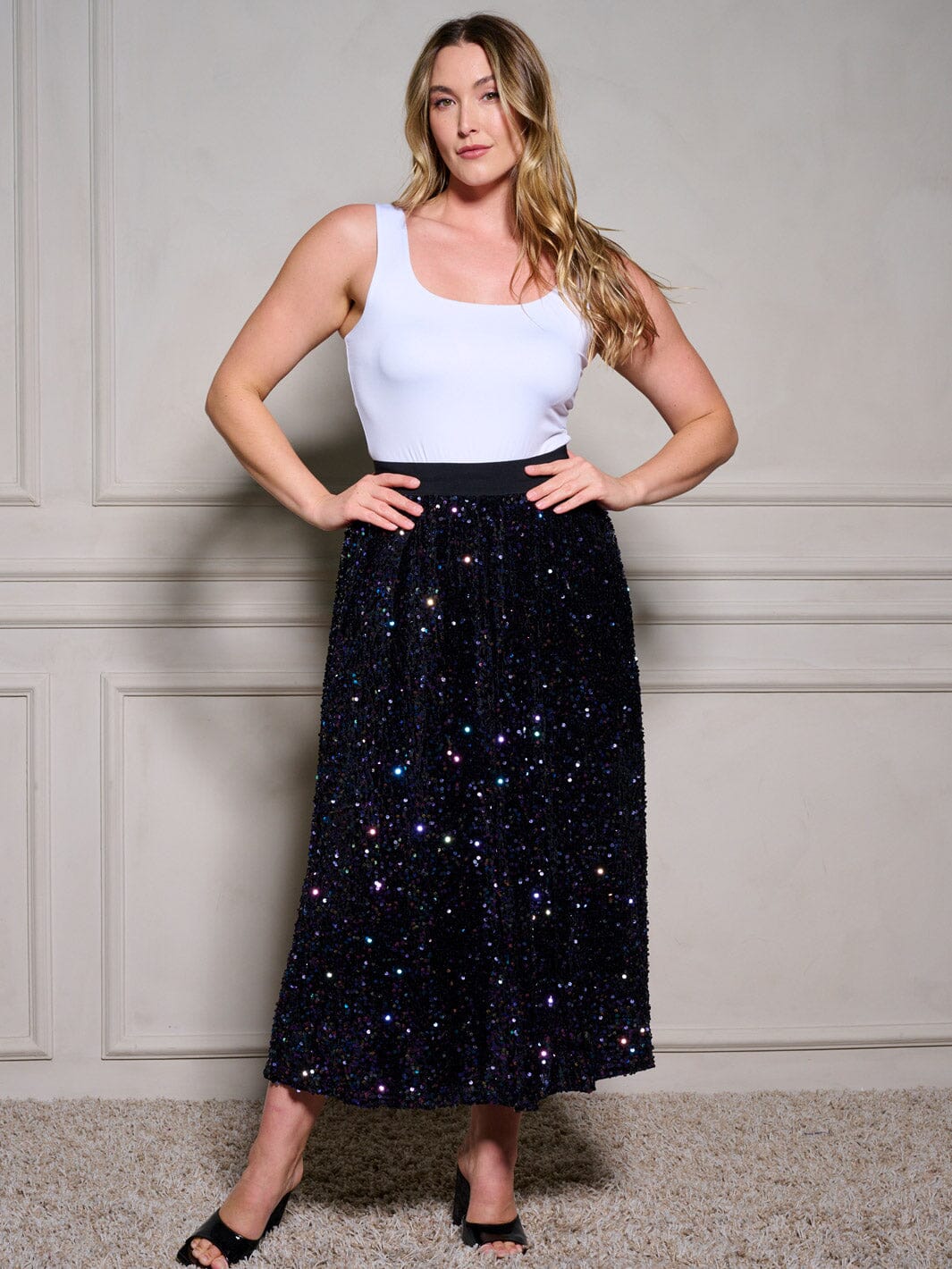 PLUS SIZE ELASTIC WAIST SEQUINS MAXI SKIRT