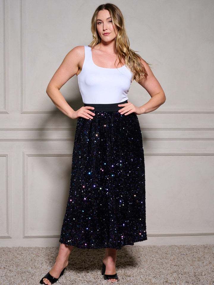 PLUS SIZE ELASTIC WAIST SEQUINS MAXI SKIRT