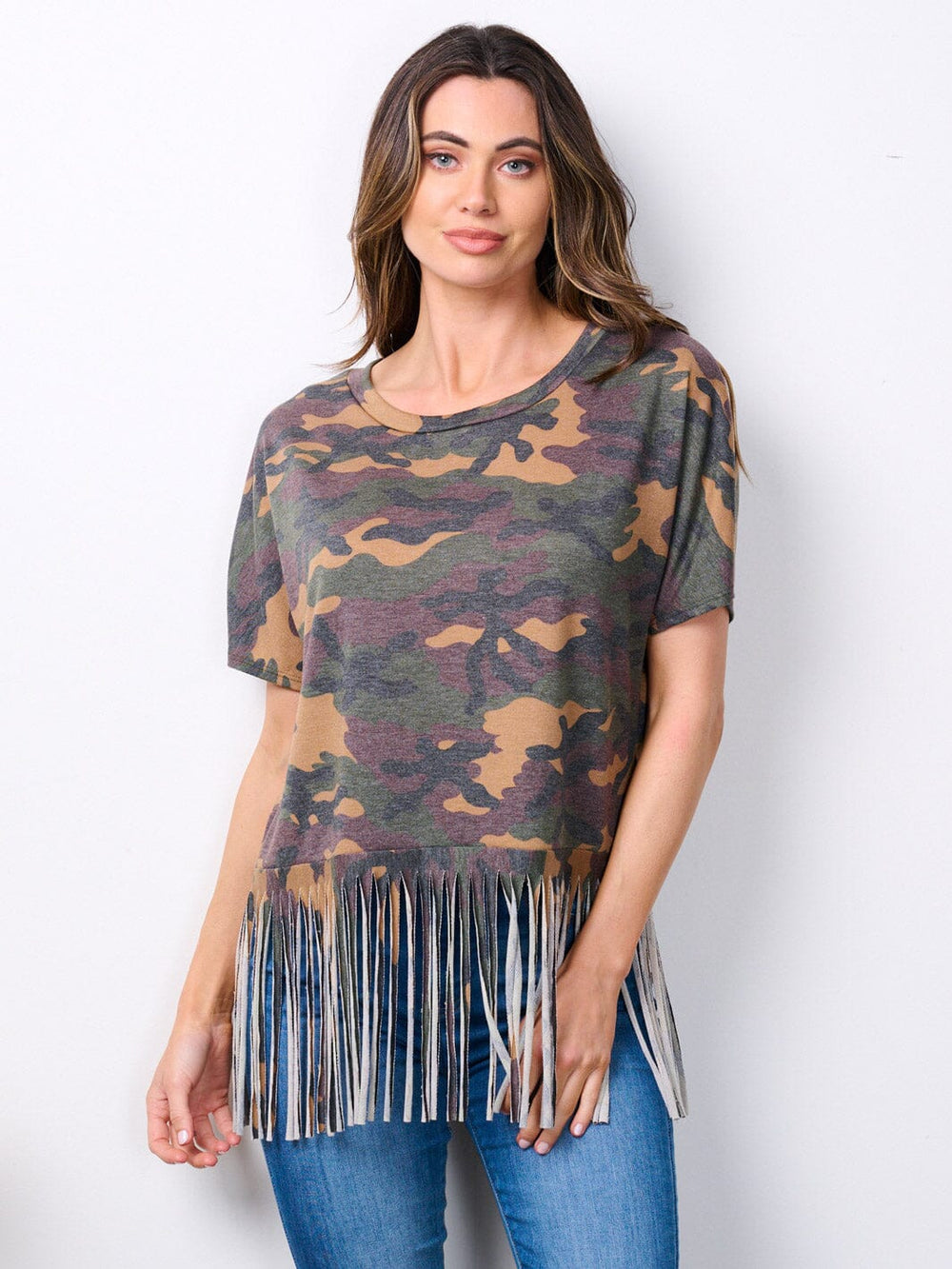 WOMEN'S SHORT SLEEVE FRINGE CAMO PRINT TOP