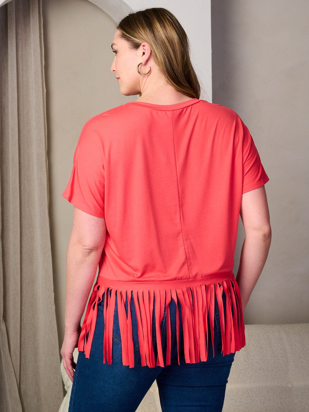 PLUS SIZE SHORT SLEEVE FRINGE BOTTOM HEM TUNIC TOP