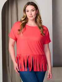 PLUS SIZE SHORT SLEEVE FRINGE BOTTOM HEM TUNIC TOP