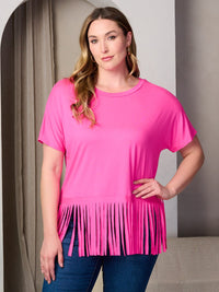 PLUS SIZE SHORT SLEEVE FRINGE BOTTOM HEM TUNIC TOP