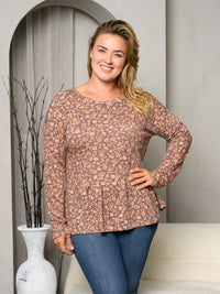 PLUS SIZE LONG SLEEVE FRONT POCKET FLORAL PEPLUM TOP