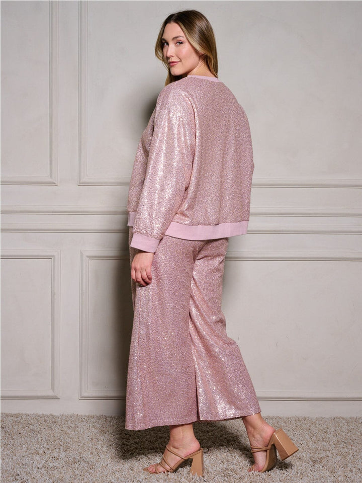 PLUS SIZE ELASTIC WAIST POCKETS SEQUINS WIDE LEG PANTS