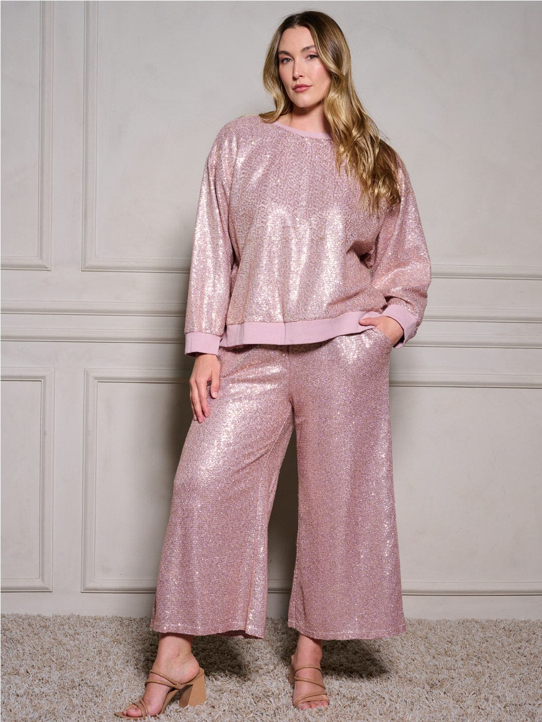PLUS SIZE ELASTIC WAIST POCKETS SEQUINS WIDE LEG PANTS