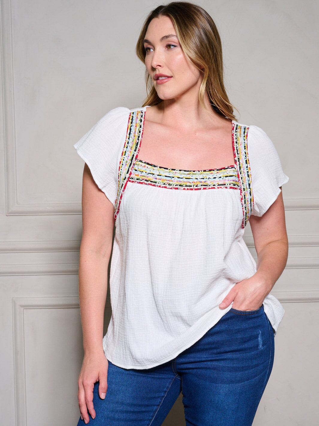 PLUS SIZE SHORT SLEEVE SQUARE NECK TUNIC TRIM DETAILED TOP