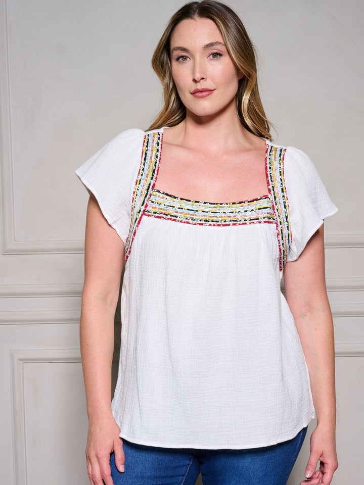PLUS SIZE SHORT SLEEVE SQUARE NECK TUNIC TRIM DETAILED TOP