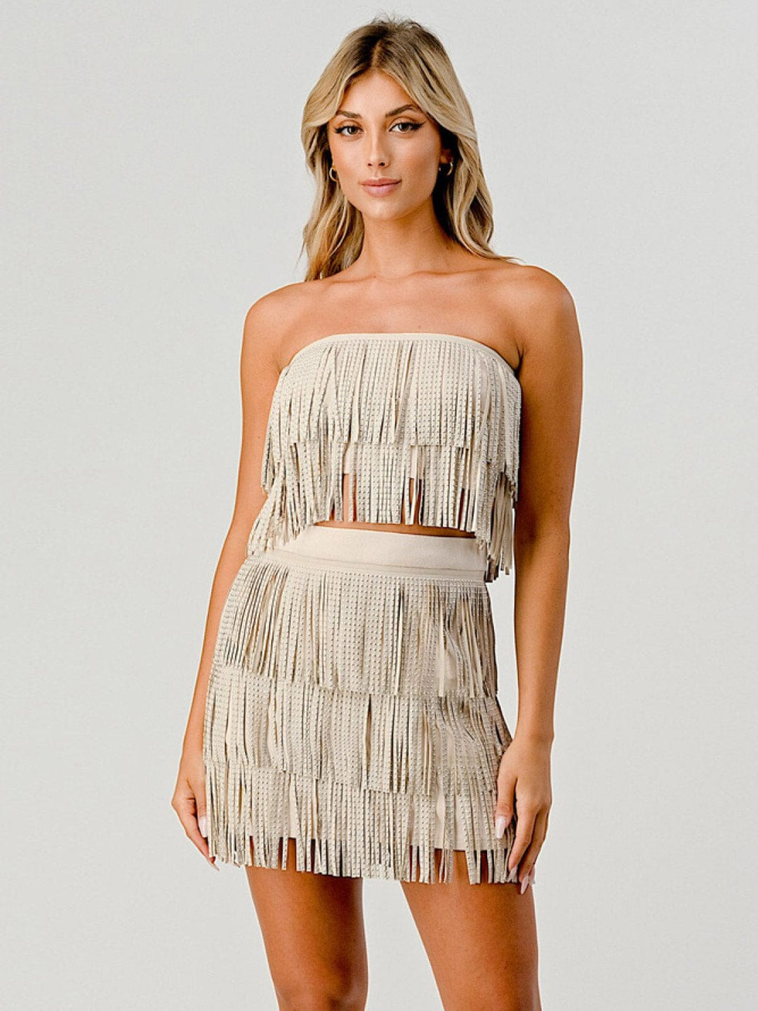 WOMEN'S SLEEVELESS CROP TOP & MINI SKIRT STUD FRINGE DETAILED 2PC. SET