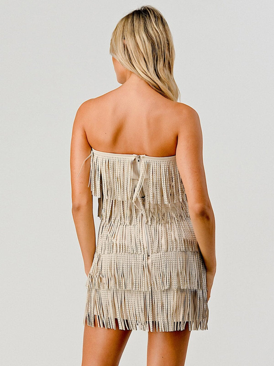 WOMEN'S SLEEVELESS CROP TOP & MINI SKIRT STUD FRINGE DETAILED 2PC. SET