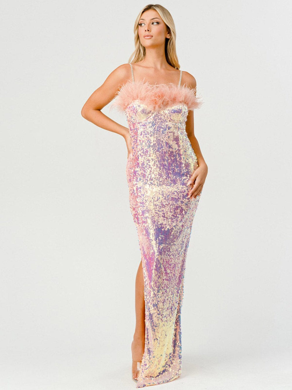 WOMEN'S SLEEVELESS SLIT BODYCON FEATHER TRIM SEQUINS MAXI DRESS