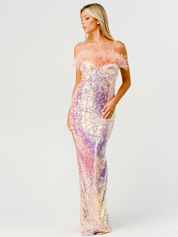 WOMEN'S SLEEVELESS SLIT BODYCON FEATHER TRIM SEQUINS MAXI DRESS