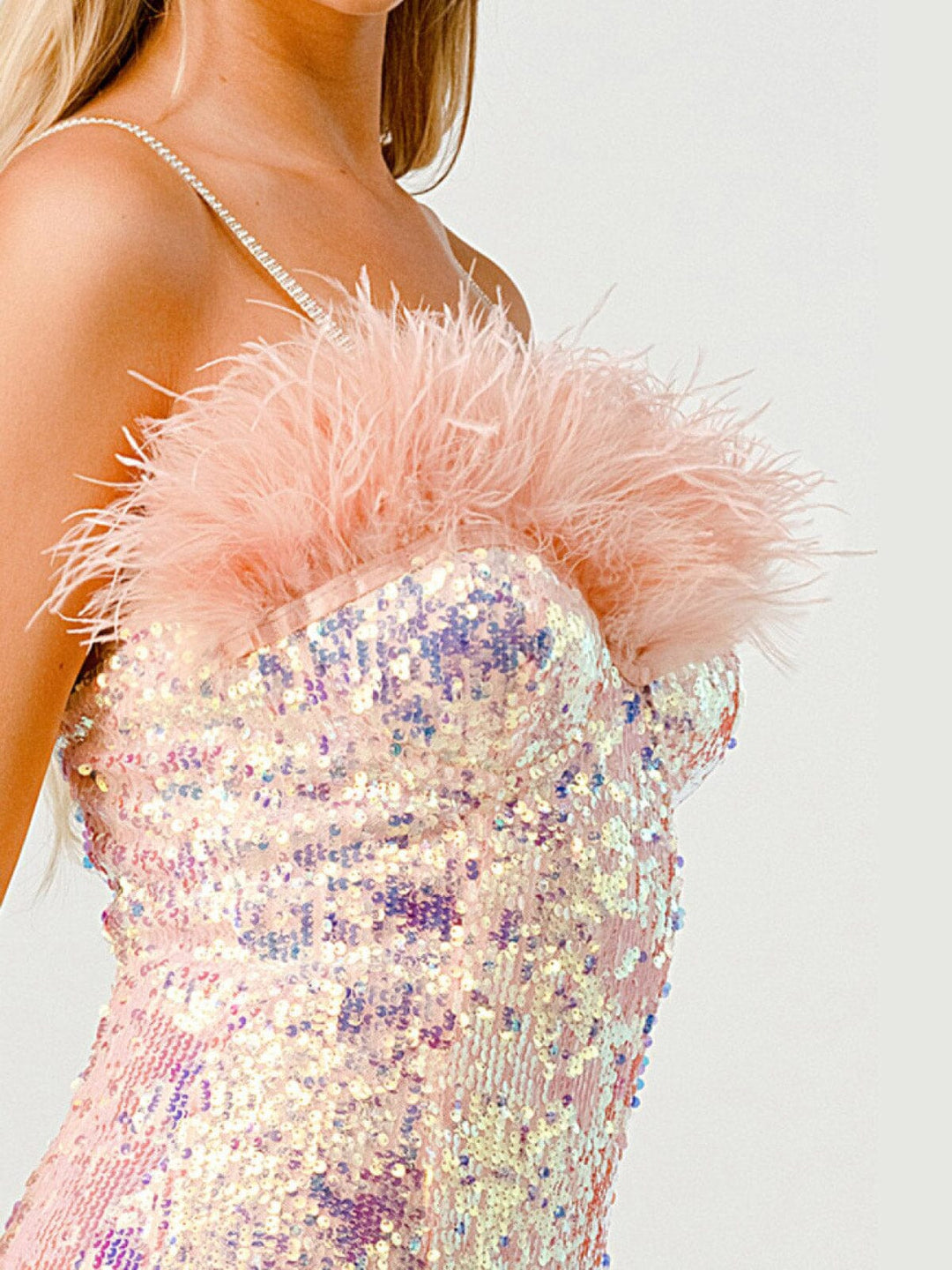 WOMEN'S SLEEVELESS SLIT BODYCON FEATHER TRIM SEQUINS MAXI DRESS