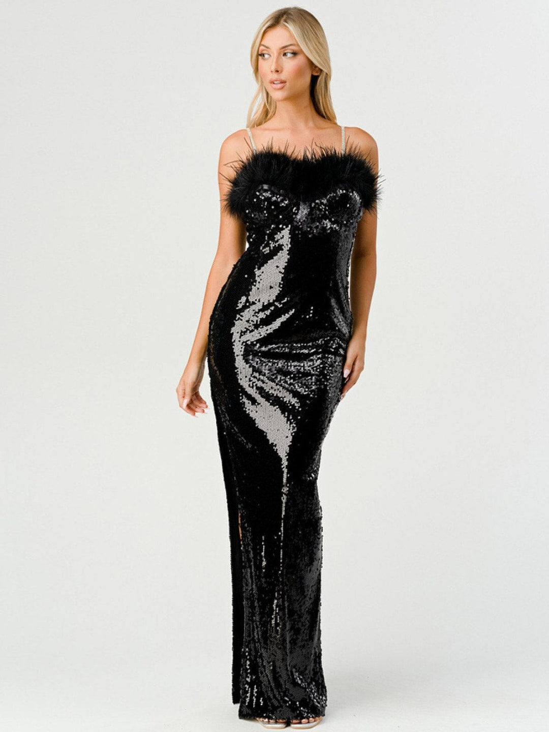 WOMEN'S SLEEVELESS SLIT BODYCON FEATHER TRIM SEQUINS MAXI DRESS