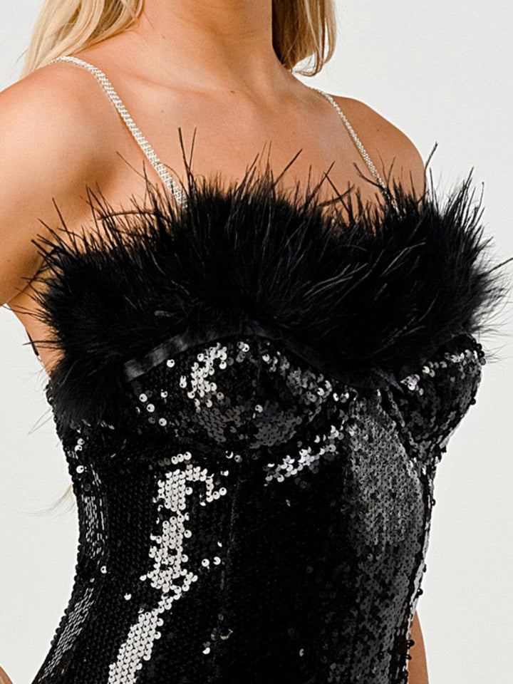 WOMEN'S SLEEVELESS SLIT BODYCON FEATHER TRIM SEQUINS MAXI DRESS