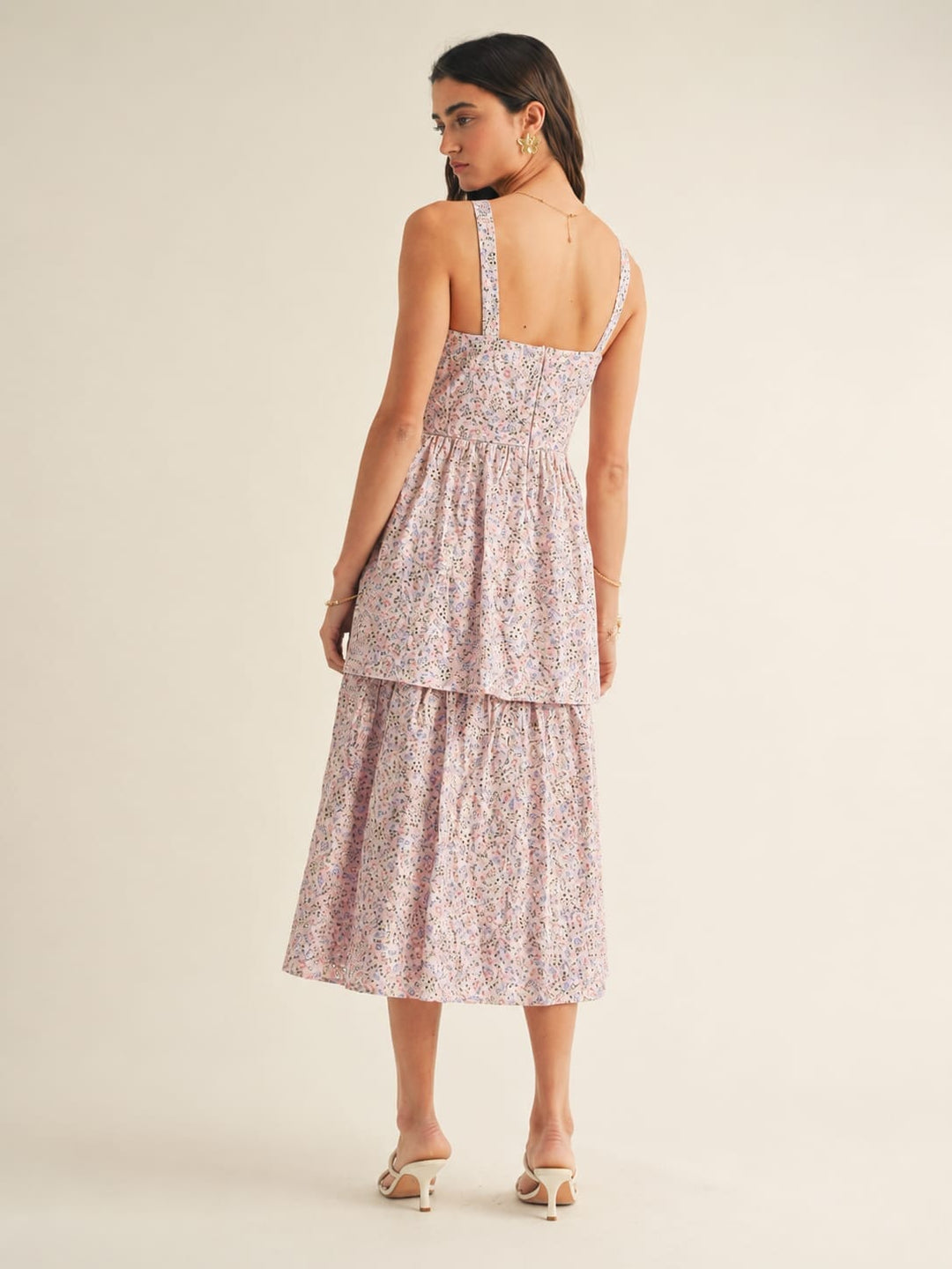 JUST ME WOMEN'S SLEEVELESS HALTER NECK TIERED EYELET FLORAL MAXI DRESS