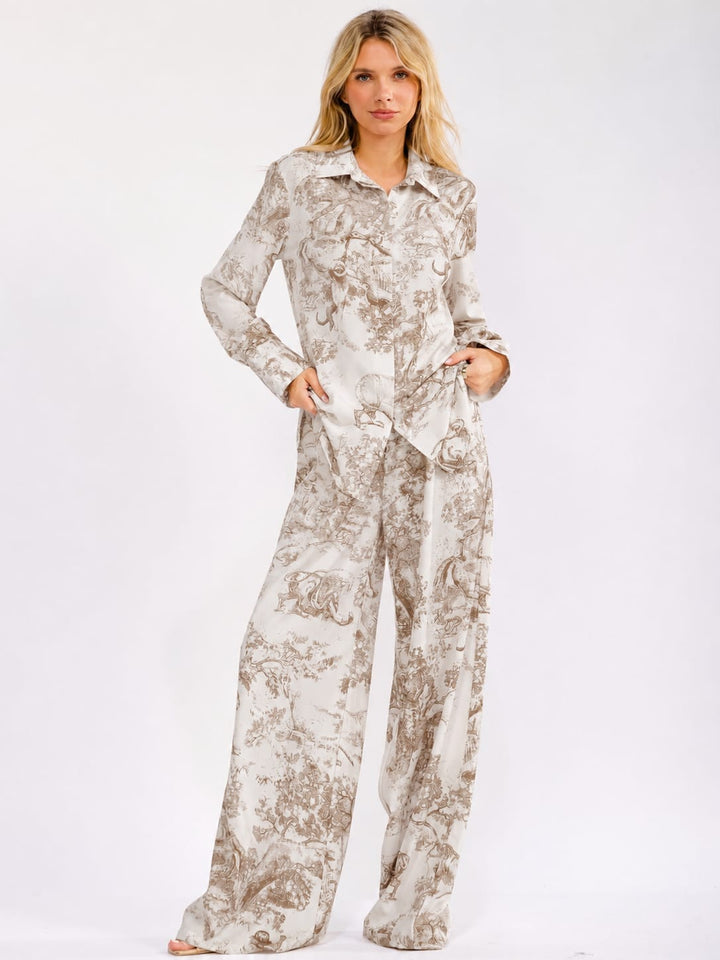 WOMEN'S LONG SLEEVE BUTTON UP TOP & ELASTIC WAIST WIDE LEG PANTS MULTI PRINT 2PC. SET
