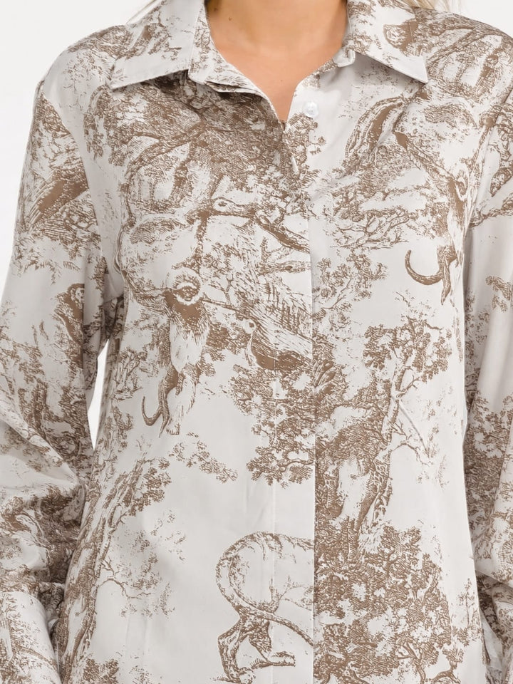 WOMEN'S LONG SLEEVE BUTTON UP TOP & ELASTIC WAIST WIDE LEG PANTS MULTI PRINT 2PC. SET