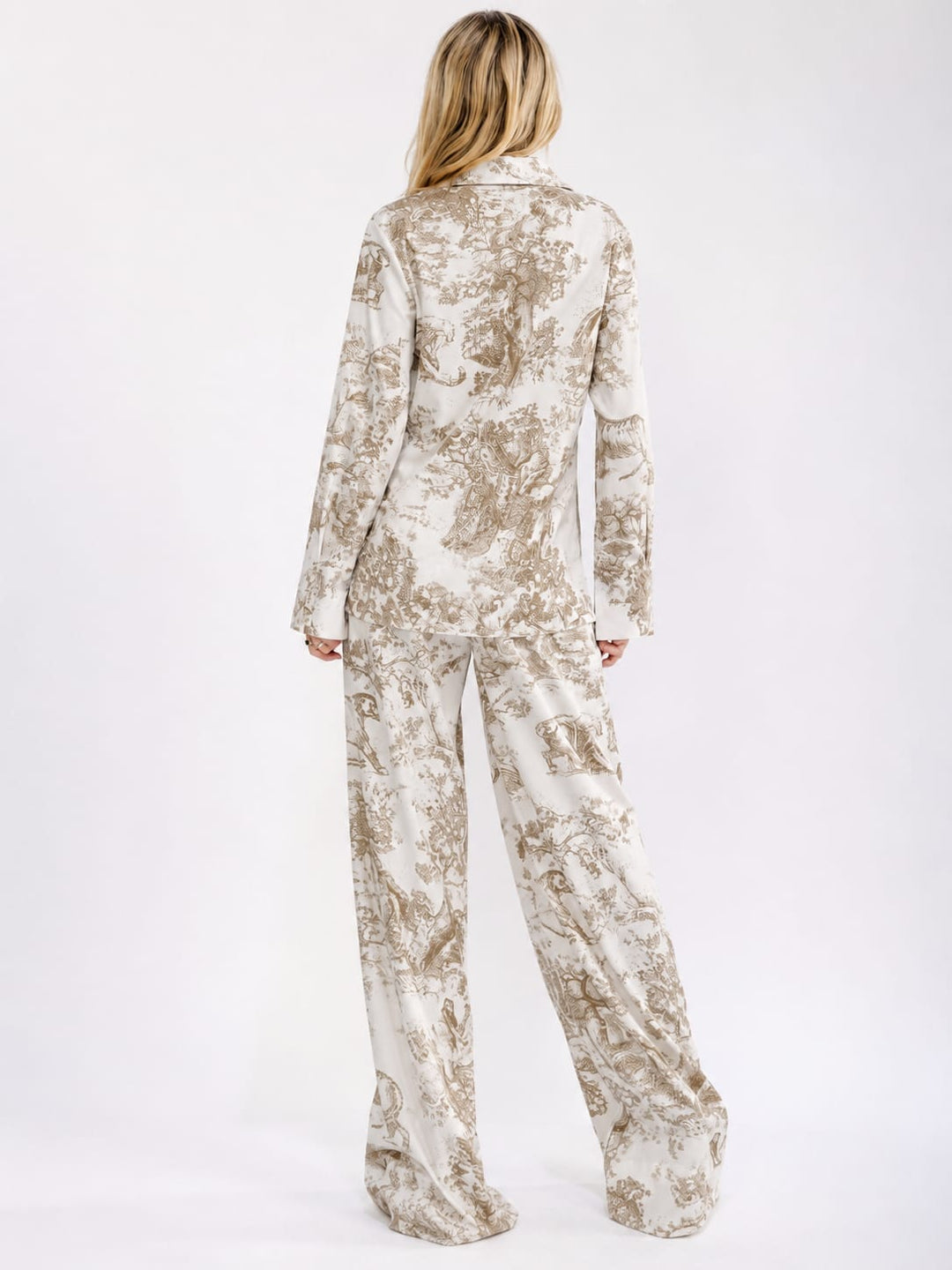 WOMEN'S LONG SLEEVE BUTTON UP TOP & ELASTIC WAIST WIDE LEG PANTS MULTI PRINT 2PC. SET