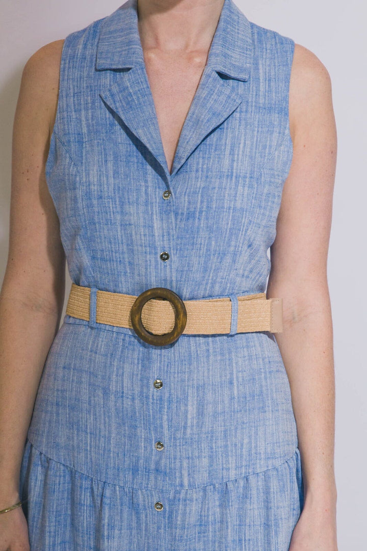 WOMEN'S SLEEVELESS BUTTON UP BELTED TIERED MIDI DRESS