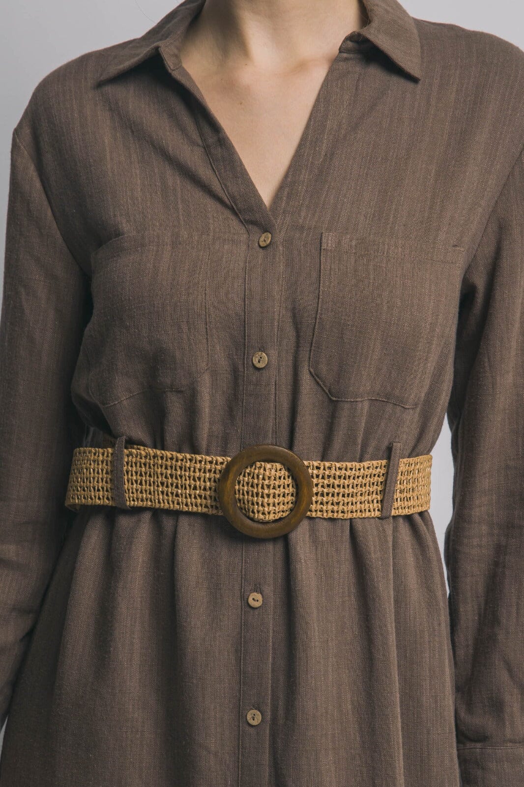 WOMEN'S LONG SLEEVE BUTTON UP BELTED FRONT POCKETS LINEN MIDI DRESS