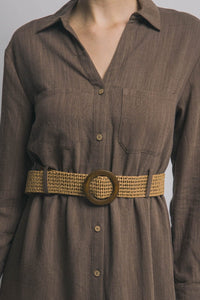 WOMEN'S LONG SLEEVE BUTTON UP BELTED FRONT POCKETS LINEN MIDI DRESS