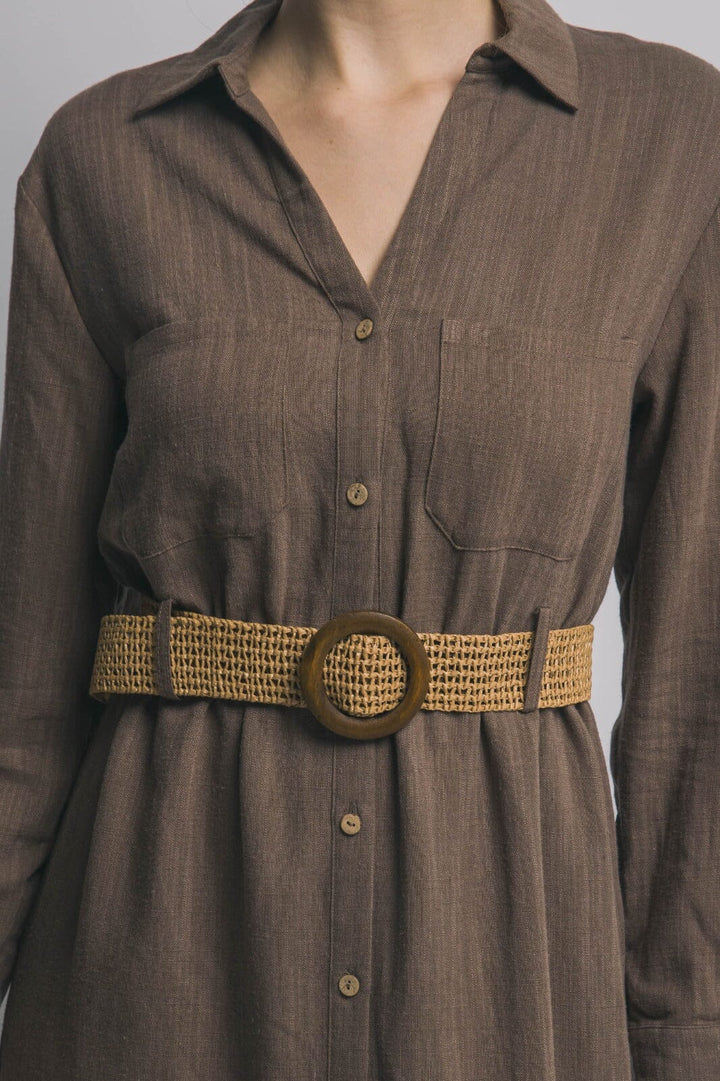 WOMEN'S LONG SLEEVE BUTTON UP BELTED FRONT POCKETS LINEN MIDI DRESS
