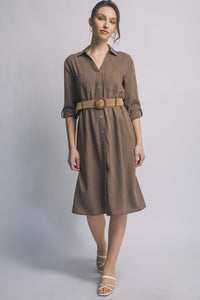 WOMEN'S LONG SLEEVE BUTTON UP BELTED FRONT POCKETS LINEN MIDI DRESS