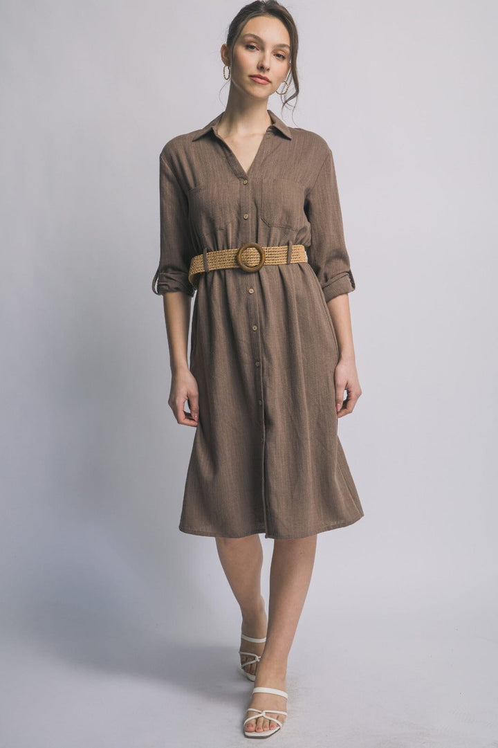 WOMEN'S LONG SLEEVE BUTTON UP BELTED FRONT POCKETS LINEN MIDI DRESS