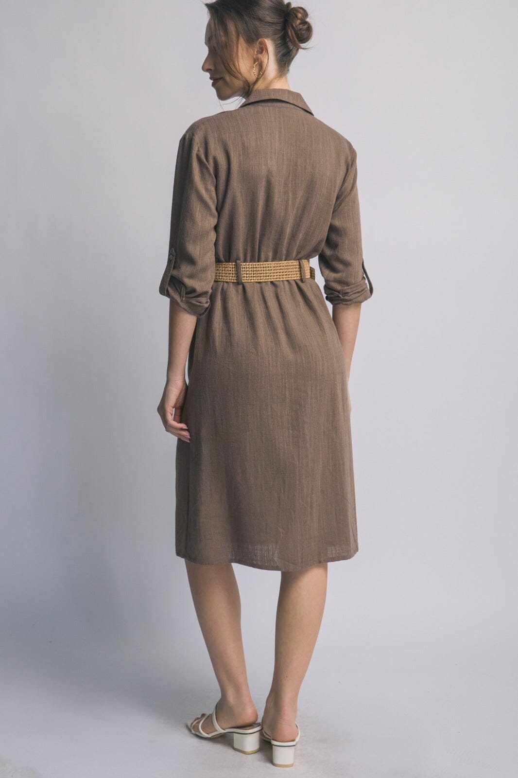 WOMEN'S LONG SLEEVE BUTTON UP BELTED FRONT POCKETS LINEN MIDI DRESS