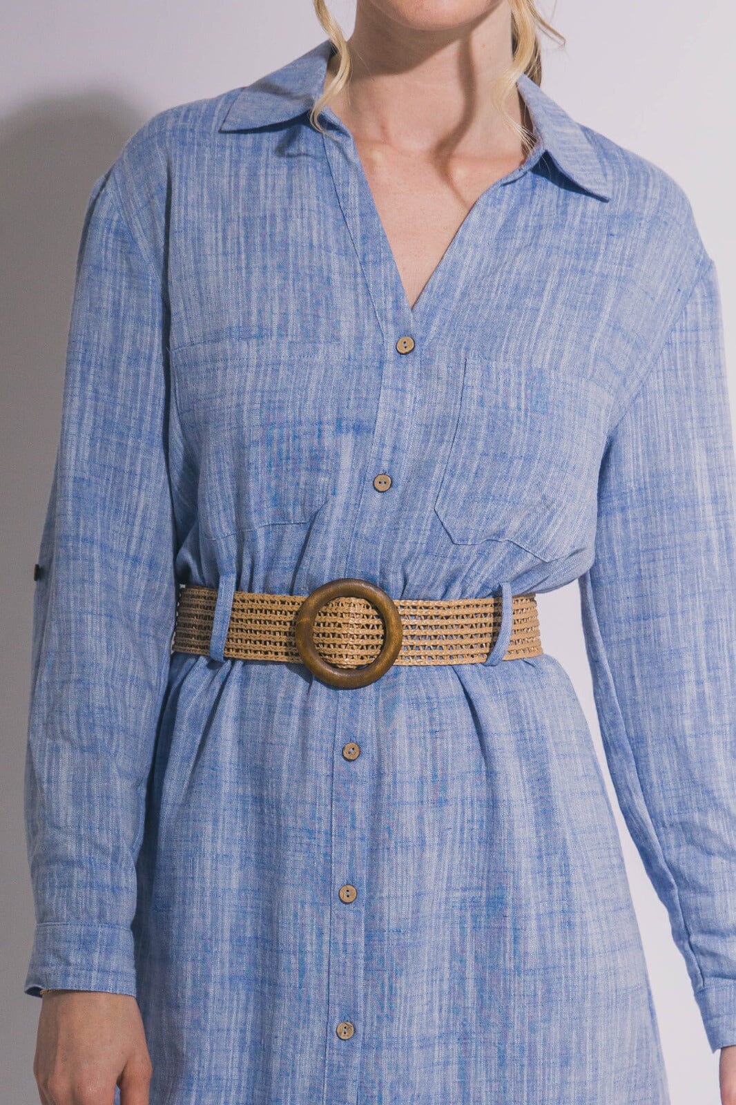 WOMEN'S LONG SLEEVE BUTTON UP BELTED FRONT POCKETS MIDI DRESS