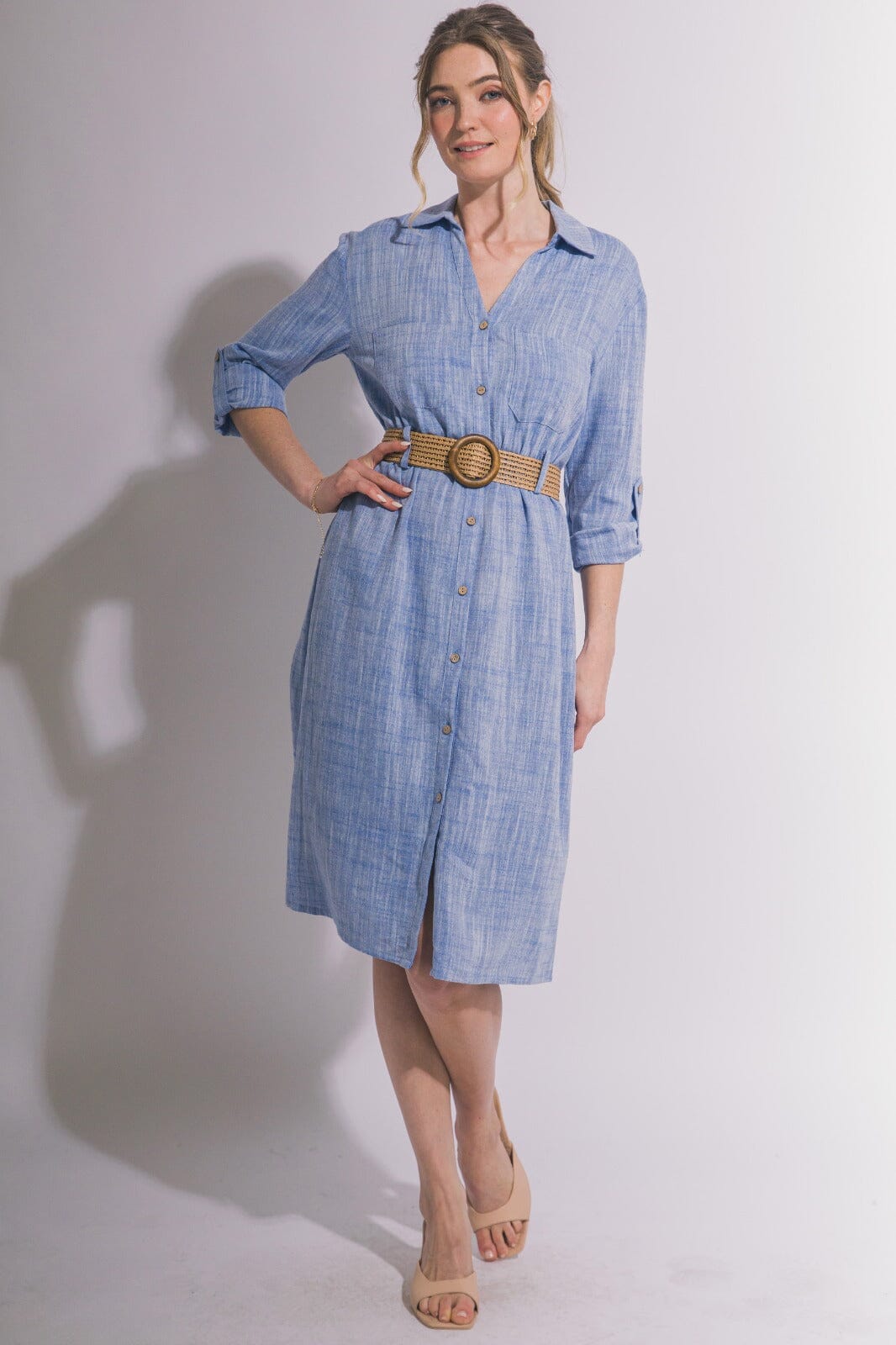 WOMEN'S LONG SLEEVE BUTTON UP BELTED FRONT POCKETS MIDI DRESS
