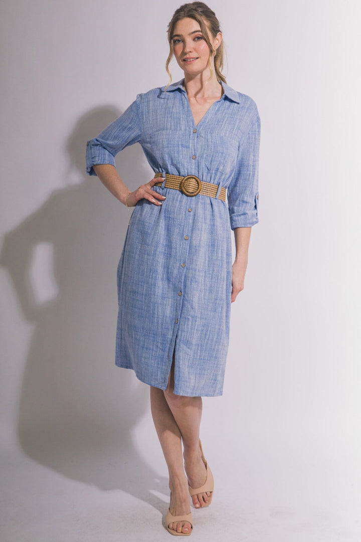 WOMEN'S LONG SLEEVE BUTTON UP BELTED FRONT POCKETS MIDI DRESS