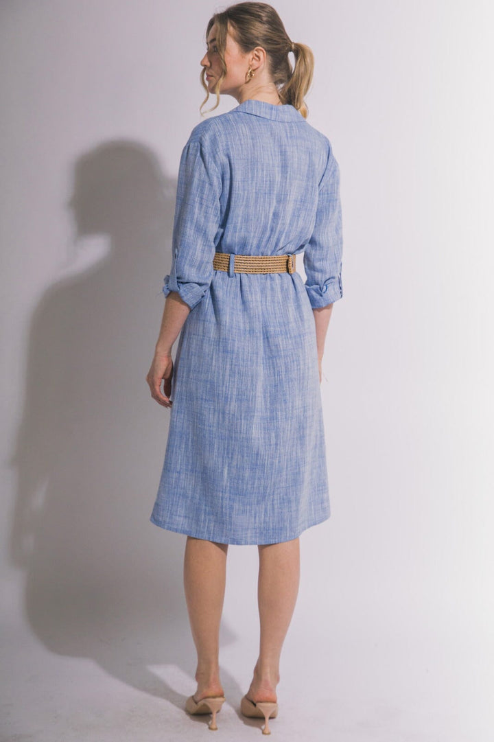 WOMEN'S LONG SLEEVE BUTTON UP BELTED FRONT POCKETS MIDI DRESS