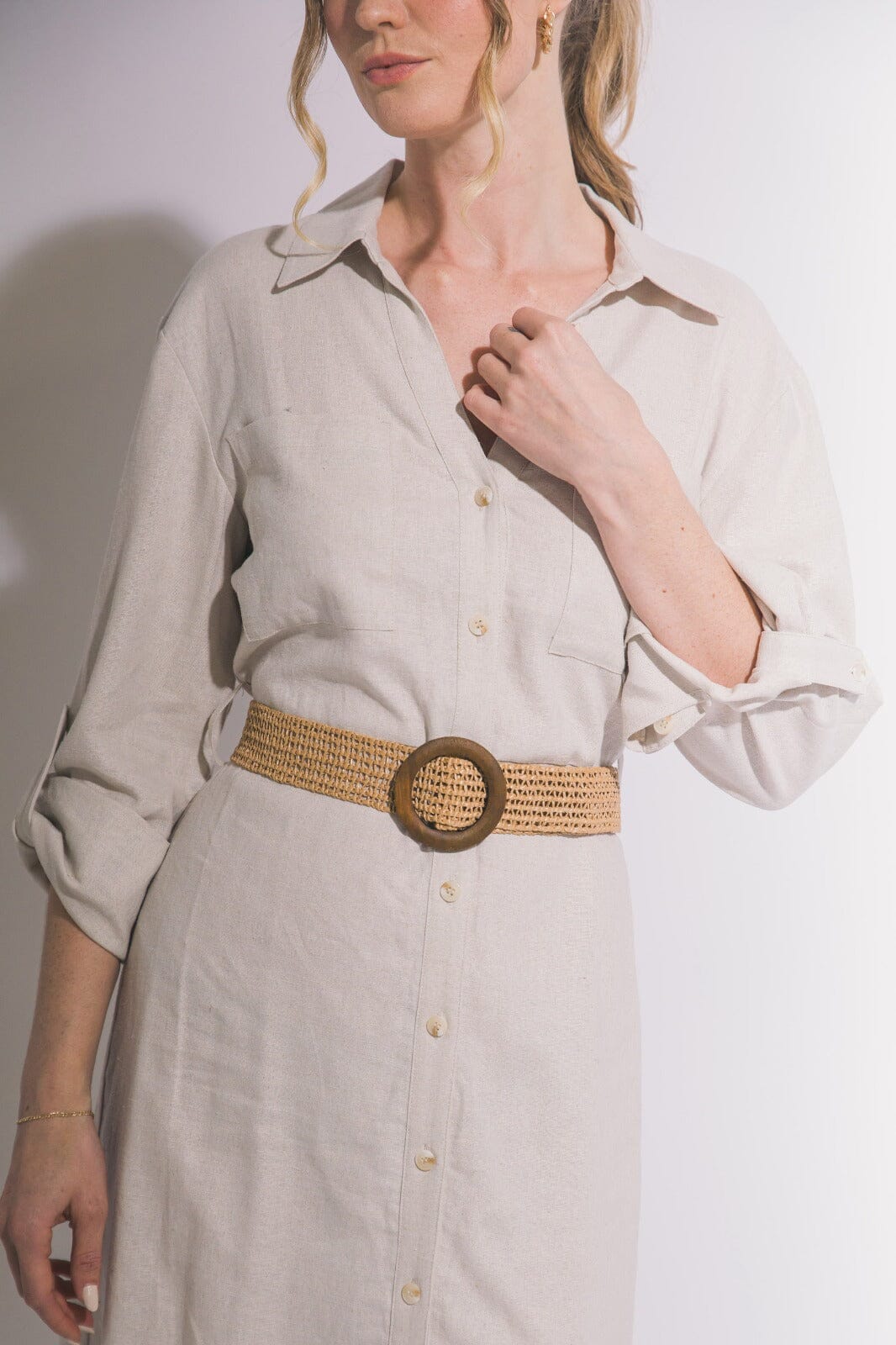WOMEN'S LONG SLEEVE BUTTON UP BELTED FRONT POCKETS LINEN MIDI DRESS