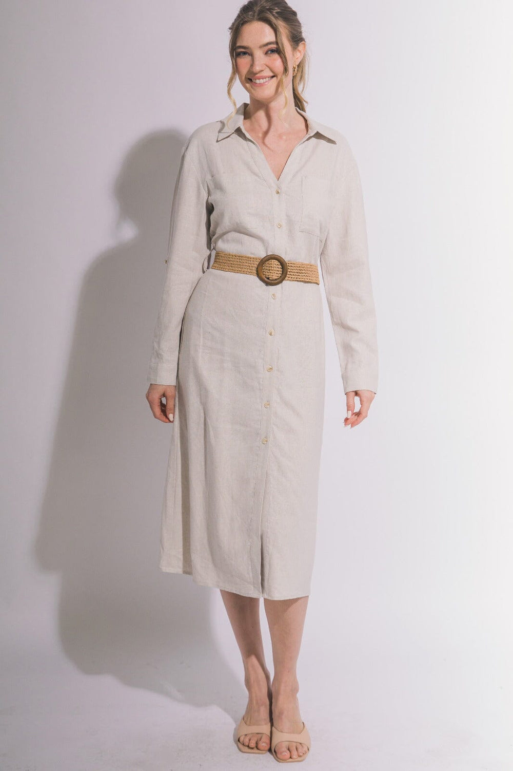 WOMEN'S LONG SLEEVE BUTTON UP BELTED FRONT POCKETS LINEN MIDI DRESS