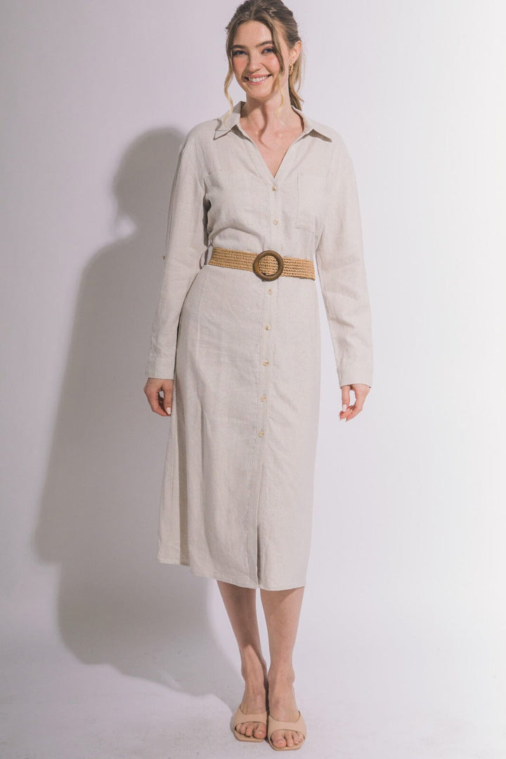 WOMEN'S LONG SLEEVE BUTTON UP BELTED FRONT POCKETS LINEN MIDI DRESS
