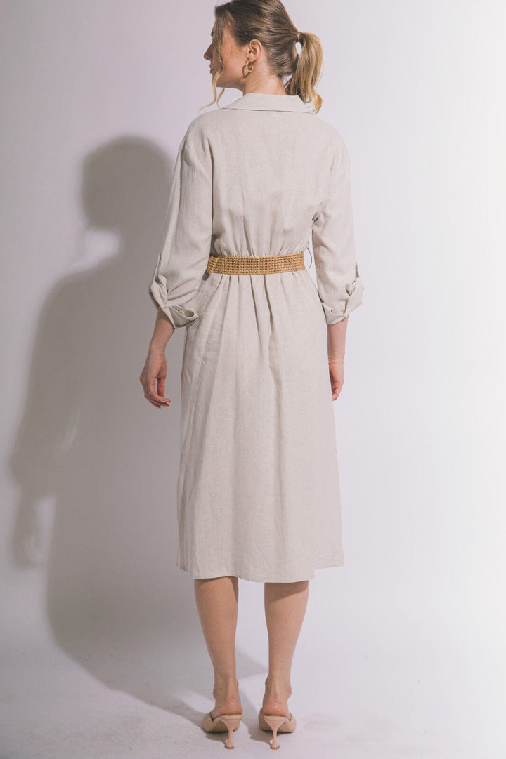 WOMEN'S LONG SLEEVE BUTTON UP BELTED FRONT POCKETS LINEN MIDI DRESS